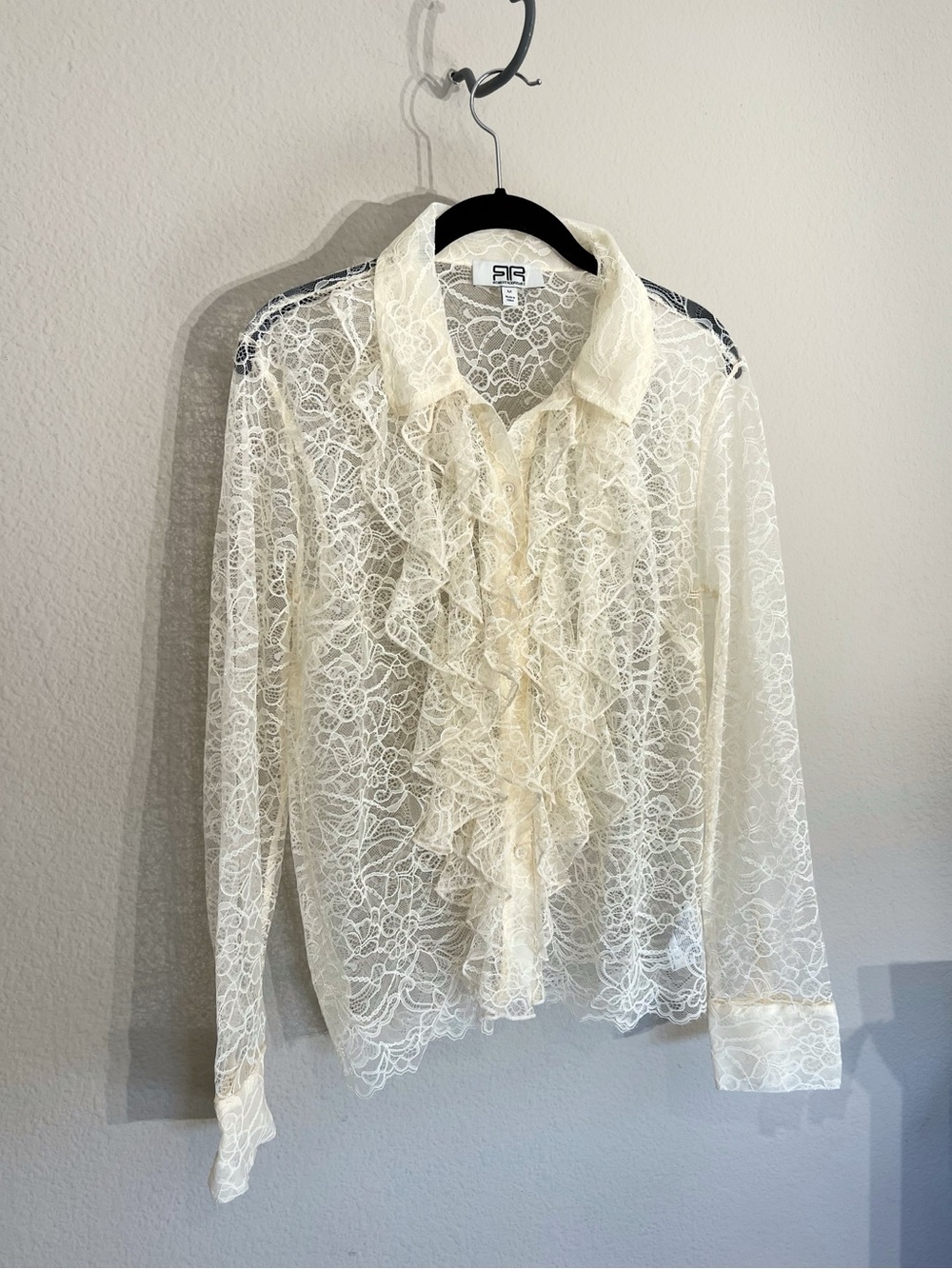 Robert Rodriguez cream sheer lace ruffle button up blouse M Victorian romantic